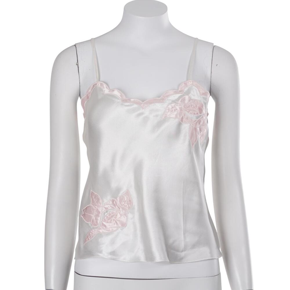 Victoria's Secret Camisole Tank XS/S Ivory Pink Satin Beaded Gold Label Vintage